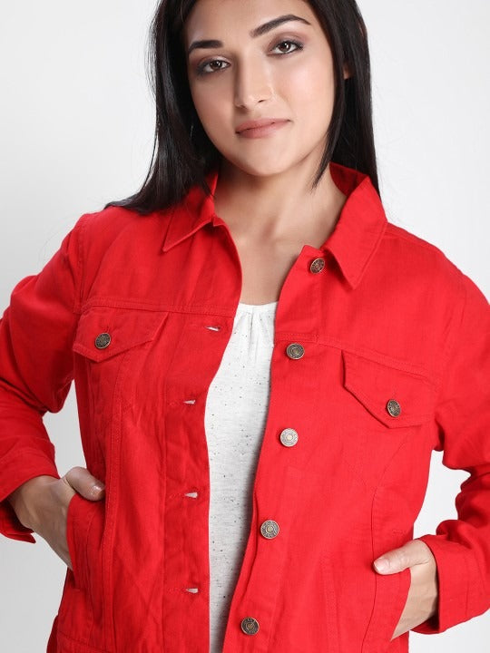 Women Red Lightweight Denim Jacket – Breathable, Stylish Outerwear by PARINDA Pakistan