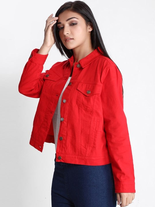 Women Red Lightweight Denim Jacket – Breathable, Stylish Outerwear by PARINDA Pakistan