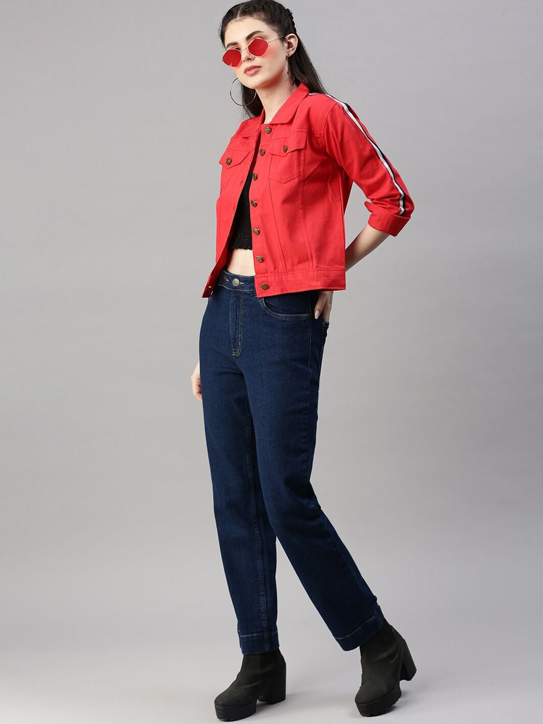 Spread Collar Red Crop Denim Jacket for Women – Stylish Casual Outerwear by PARINDA Pakistan