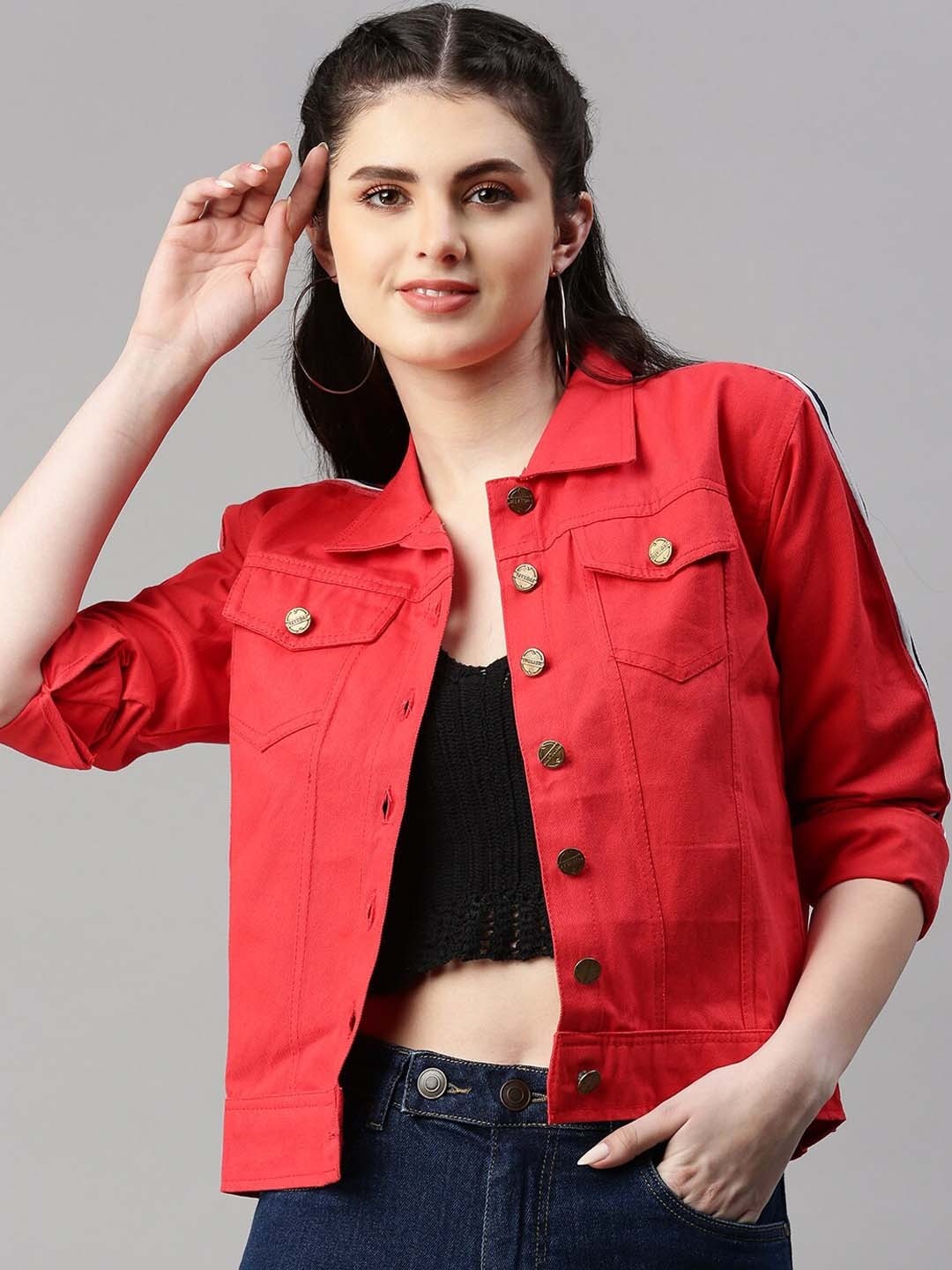 Spread Collar Red Crop Denim Jacket for Women – Stylish Casual Outerwear by PARINDA Pakistan