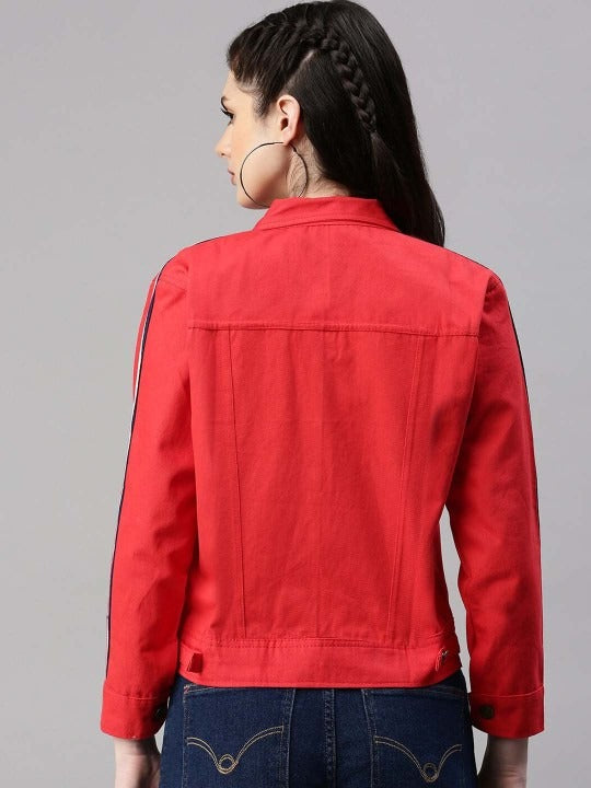 Spread Collar Red Crop Denim Jacket for Women – Stylish Casual Outerwear by PARINDA Pakistan