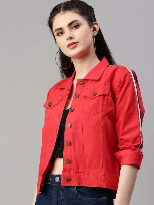 Spread Collar Red Crop Denim Jacket for Women – Stylish Casual Outerwear by PARINDA Pakistan