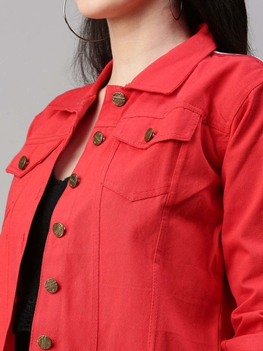 Spread Collar Red Crop Denim Jacket for Women – Stylish Casual Outerwear by PARINDA Pakistan