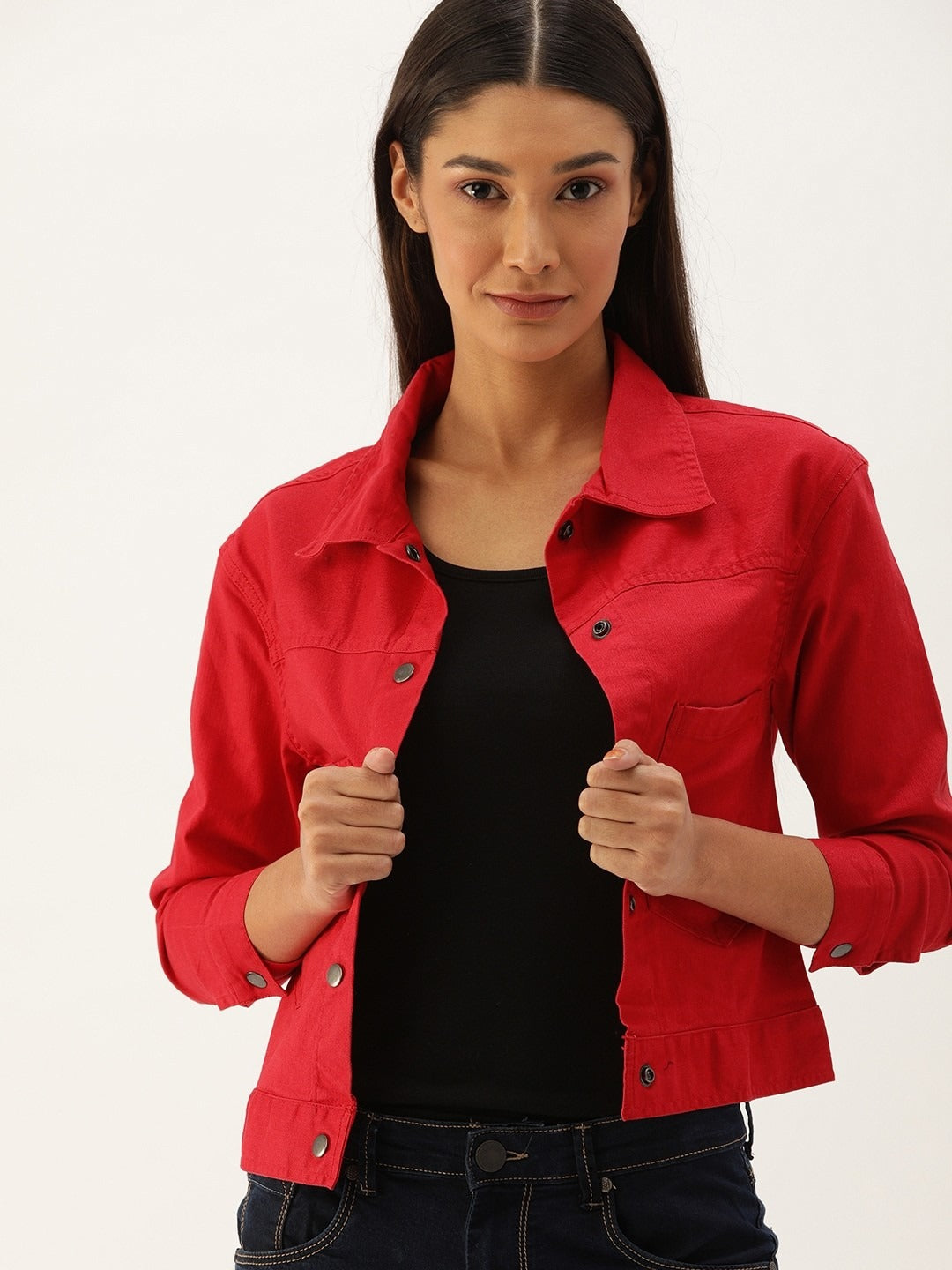 Women Red Solid Denim Jacket by PARINDA – Bold Street Style for Pakistani Fashion