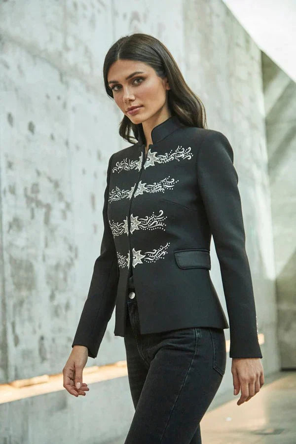PRINDA Silver Embroidered Black Blazer