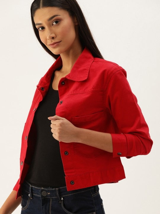 Women Red Solid Denim Jacket by PARINDA – Bold Street Style for Pakistani Fashion