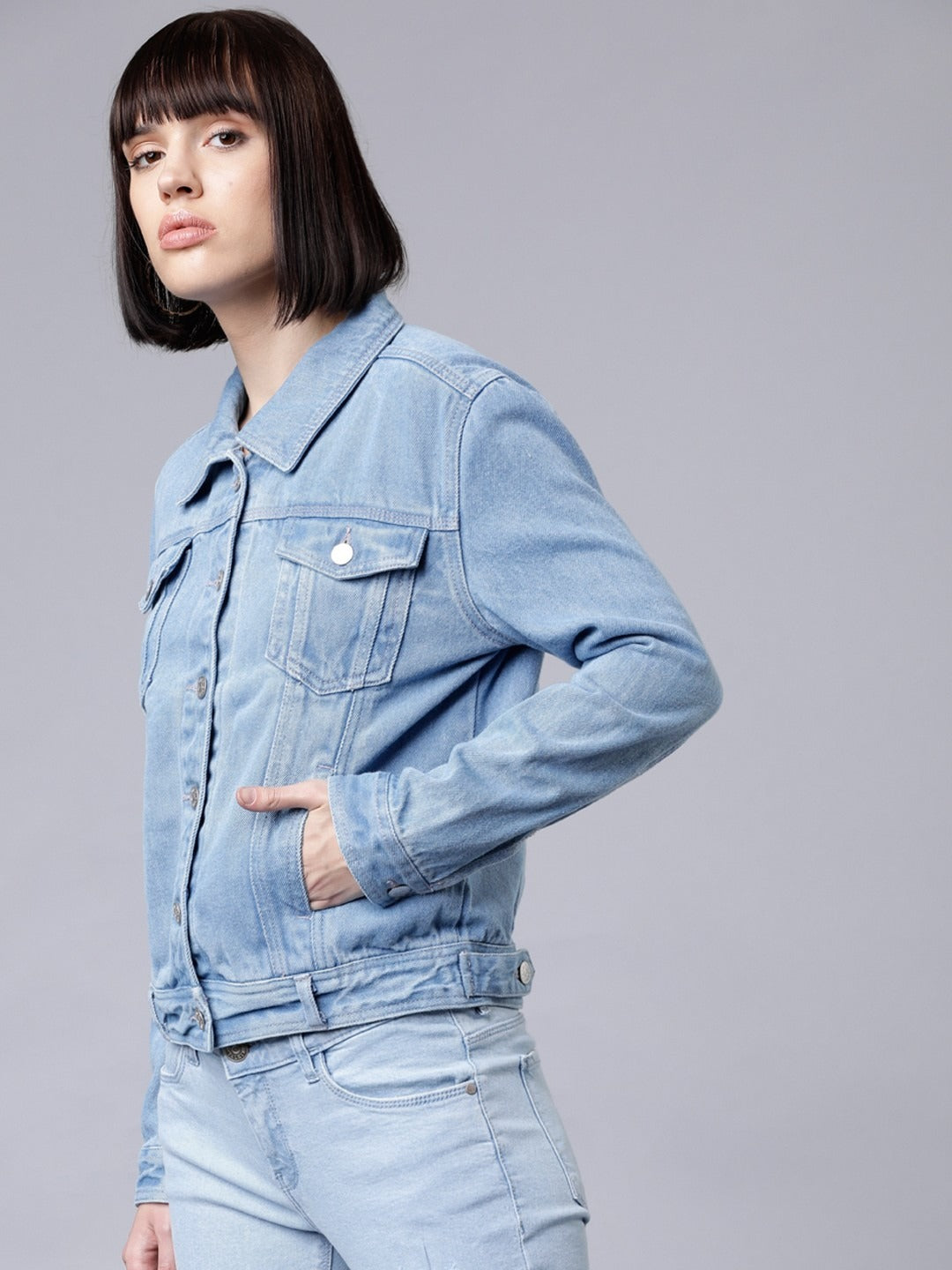 Women Blue Solid Denim Jacket – Classic, Breathable & Versatile for Pakistan | PARINDA