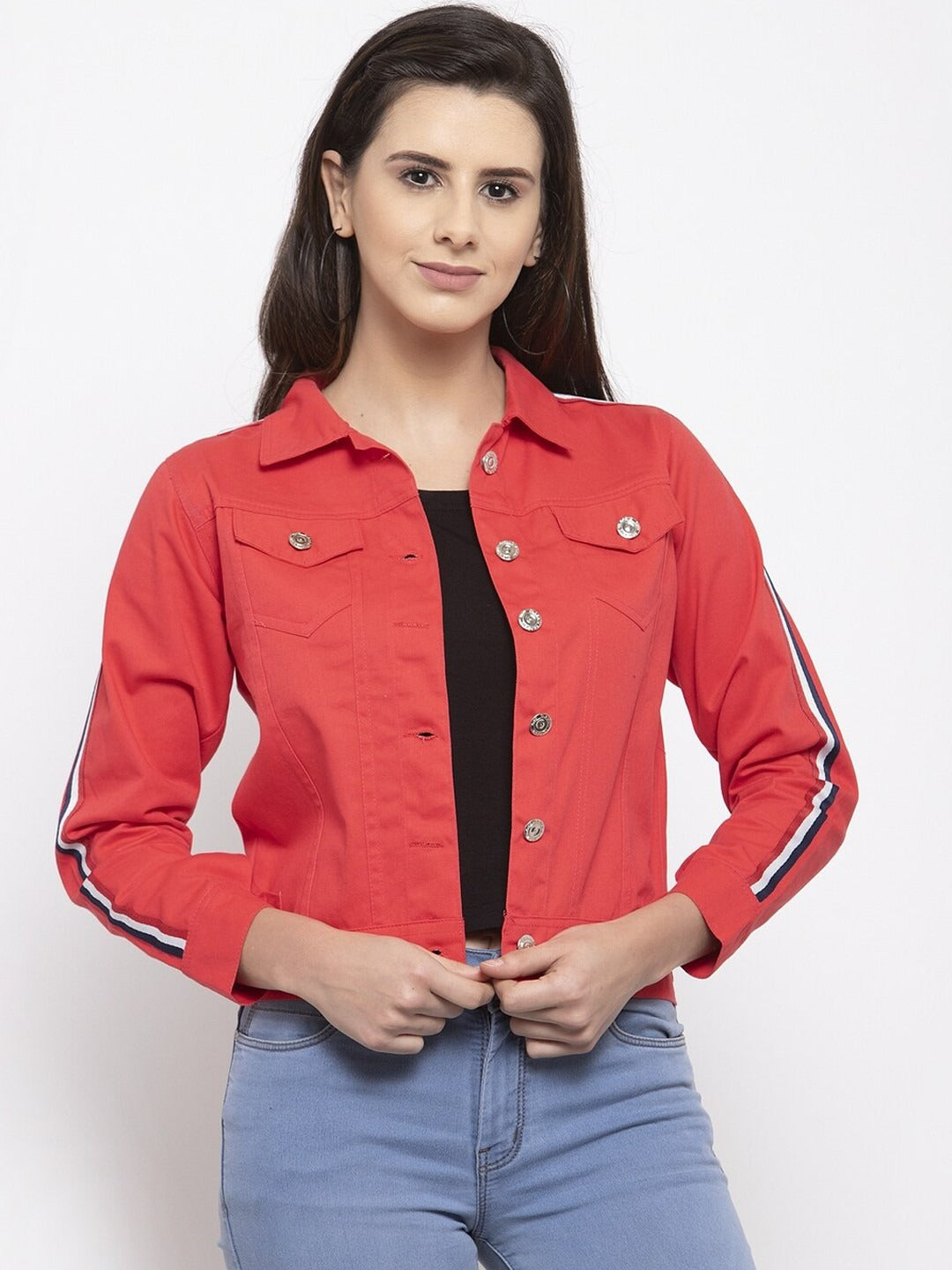 Women Red Crop Denim Jacket by PARINDA – Stylish Cotton Outerwear for Pakistani Fashion