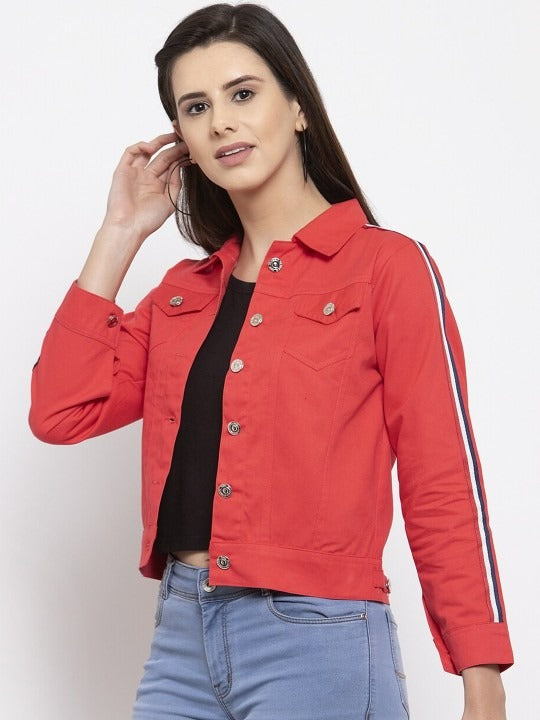 Women Red Crop Denim Jacket by PARINDA – Stylish Cotton Outerwear for Pakistani Fashion