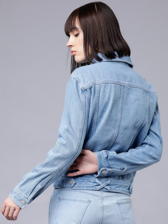 Women Blue Solid Denim Jacket – Classic, Breathable & Versatile for Pakistan | PARINDA