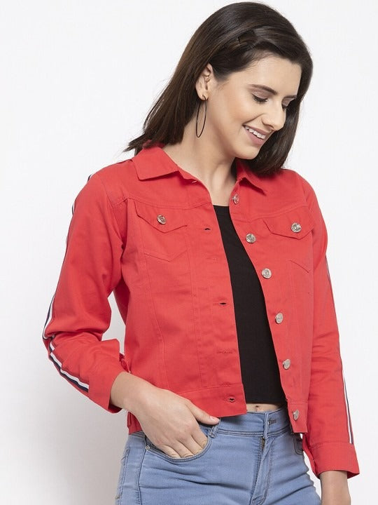 Women Red Crop Denim Jacket by PARINDA – Stylish Cotton Outerwear for Pakistani Fashion