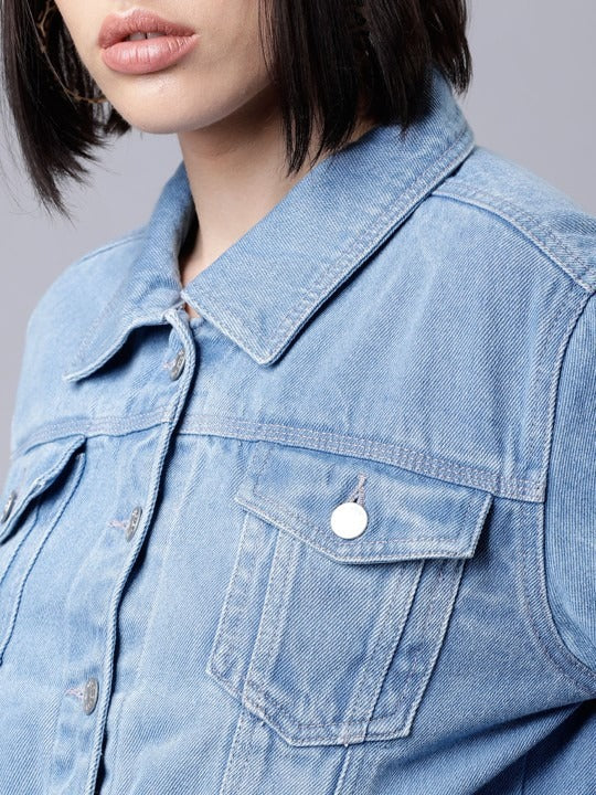 Women Blue Solid Denim Jacket – Classic, Breathable & Versatile for Pakistan | PARINDA