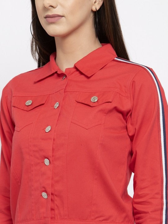 Women Red Crop Denim Jacket by PARINDA – Stylish Cotton Outerwear for Pakistani Fashion