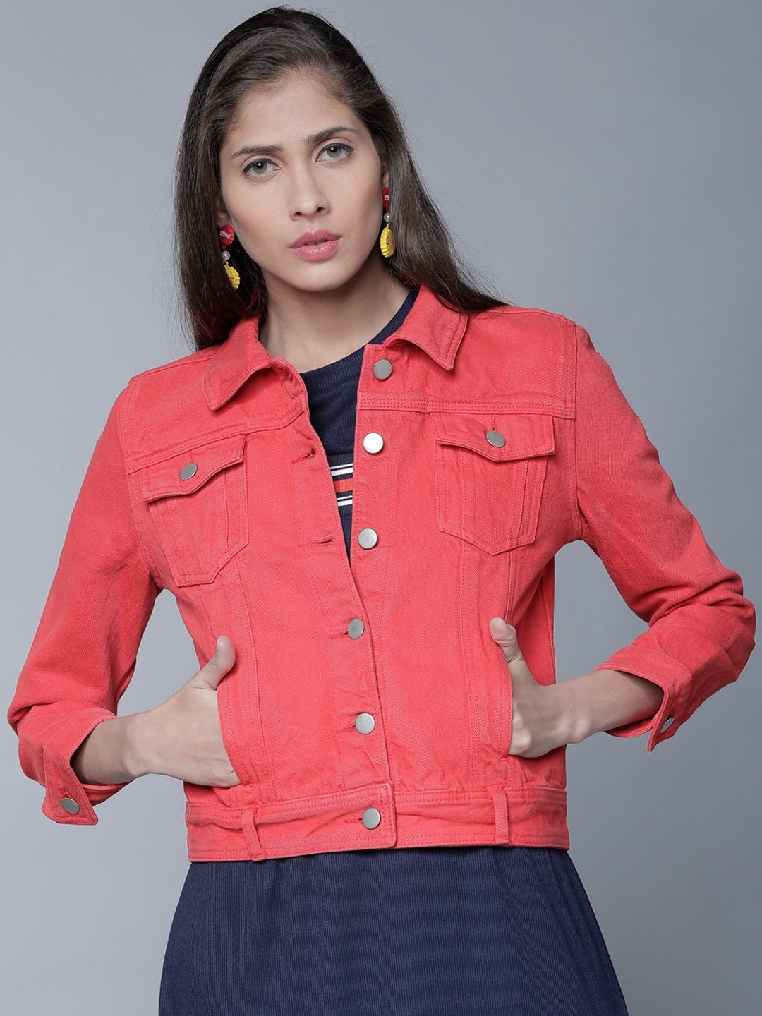 Women Red Solid Denim Jacket by PARINDA – Lightweight Cotton Outerwear for Pakistani Style