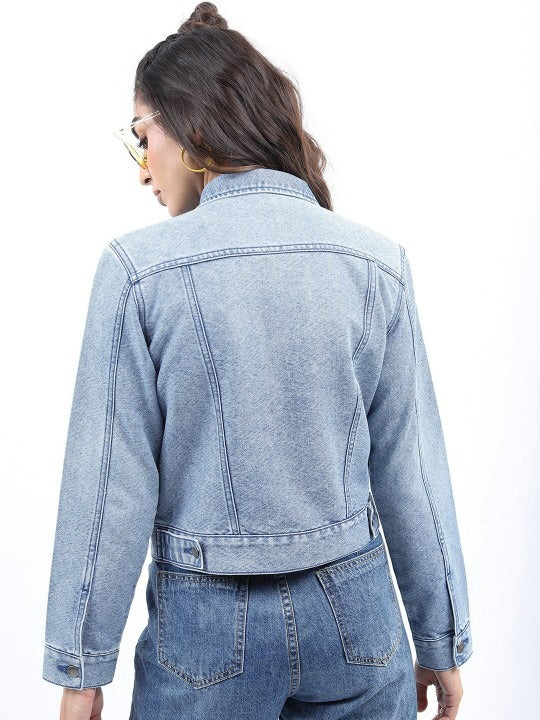 Washed Spread Collar Crop Denim Jacket – Breathable Crop Trucker for Pakistan | PARINDA