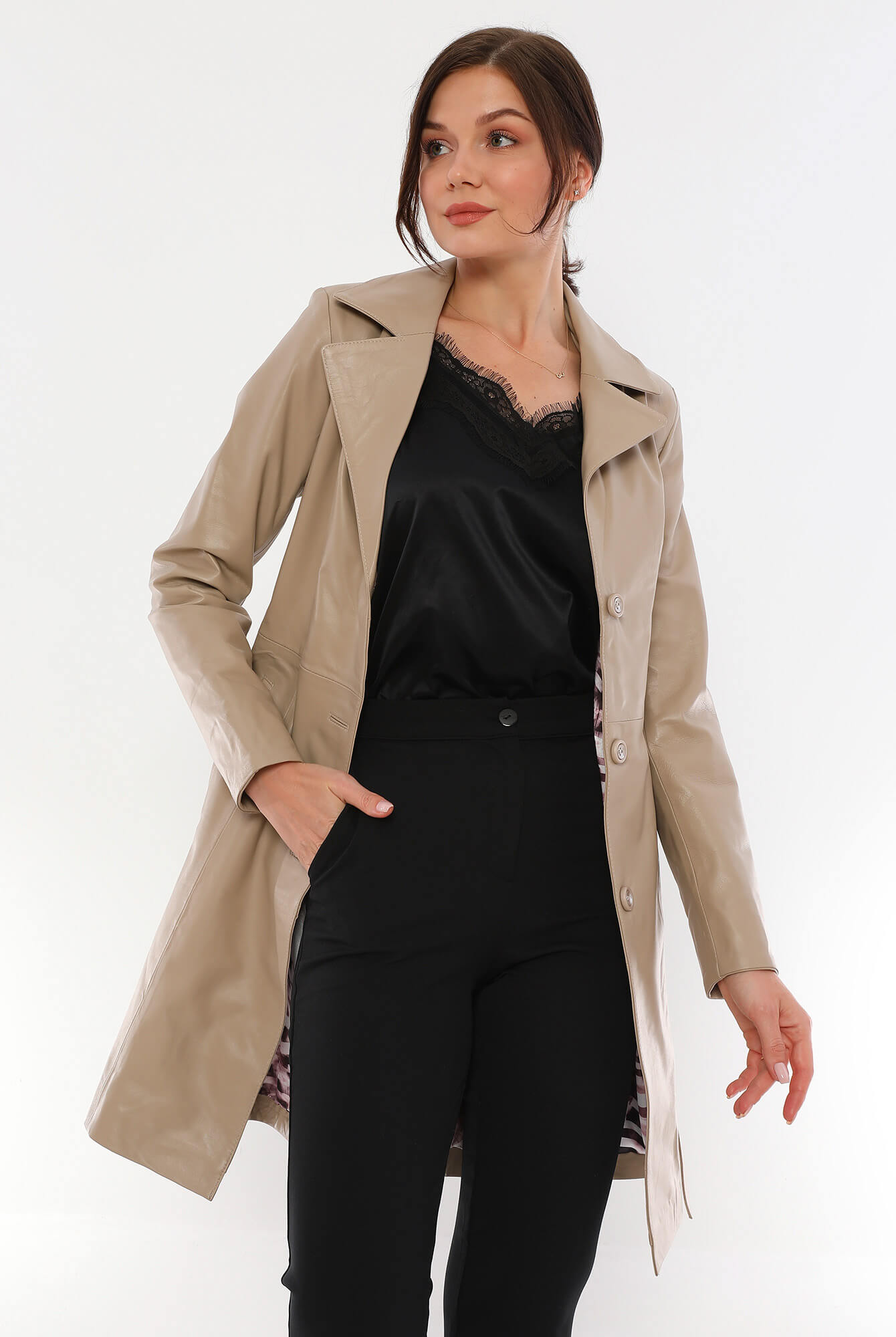 PRINDA Beige Premium Leather Trench Coat For Women