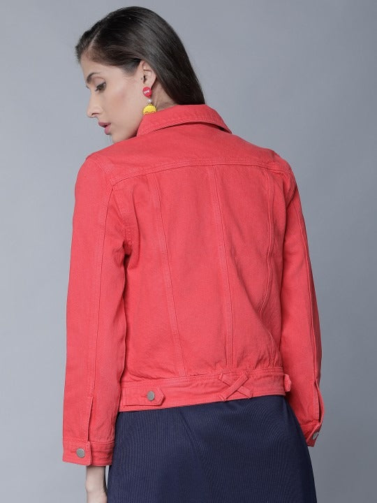 Women Red Solid Denim Jacket by PARINDA – Lightweight Cotton Outerwear for Pakistani Style