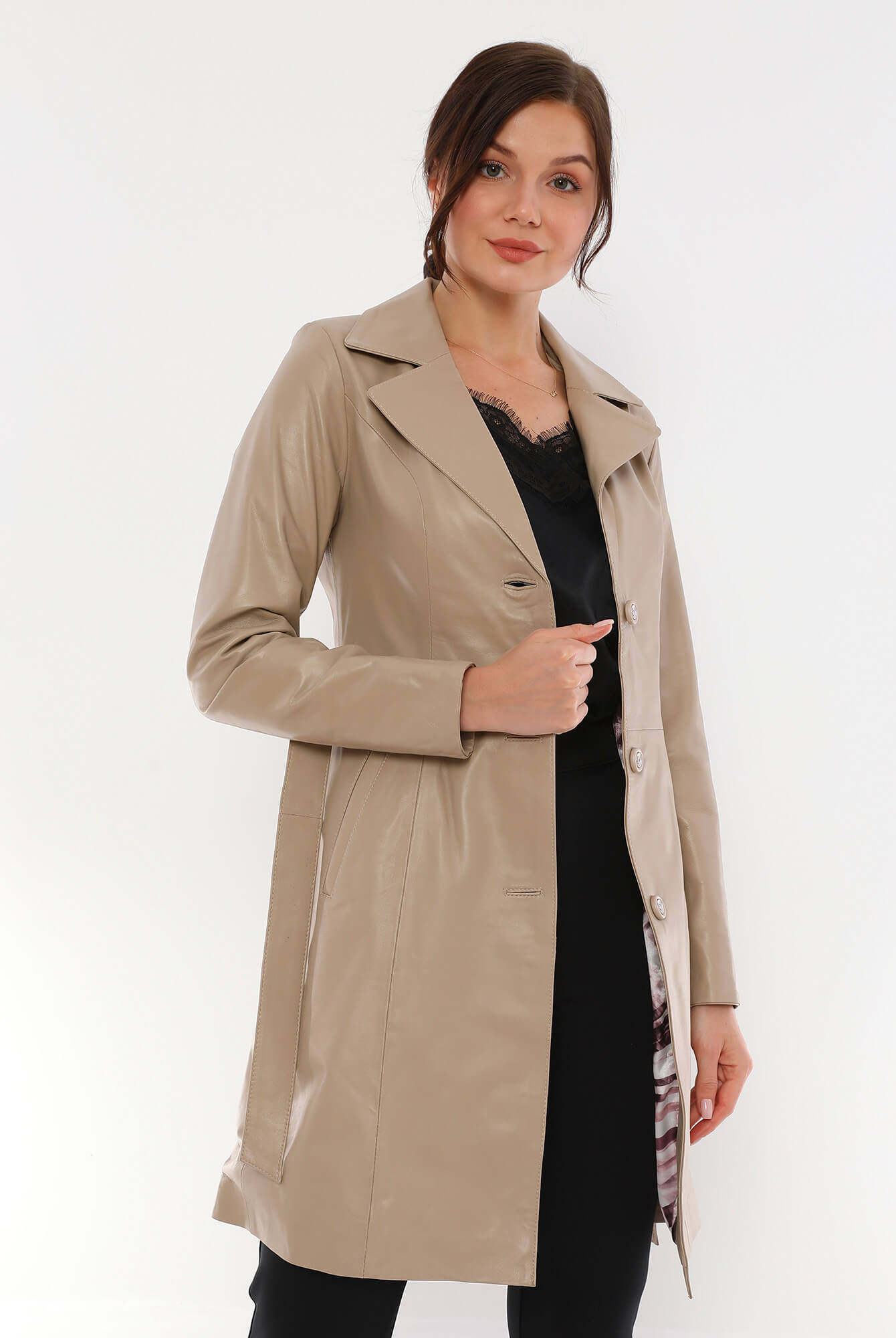 PRINDA Beige Premium Leather Trench Coat For Women