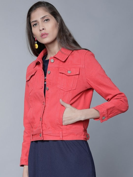 Women Red Solid Denim Jacket by PARINDA – Lightweight Cotton Outerwear for Pakistani Style