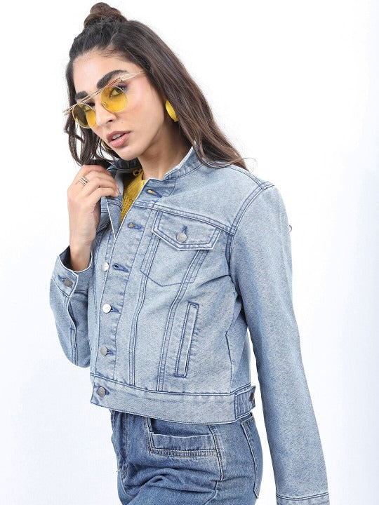 Washed Spread Collar Crop Denim Jacket – Breathable Crop Trucker for Pakistan | PARINDA