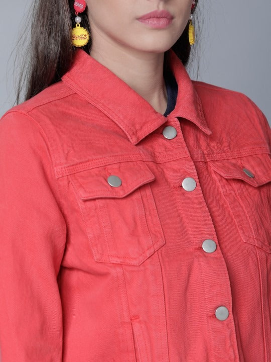 Women Red Solid Denim Jacket by PARINDA – Lightweight Cotton Outerwear for Pakistani Style