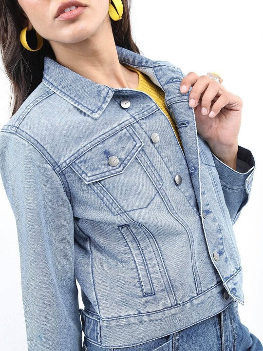Washed Spread Collar Crop Denim Jacket – Breathable Crop Trucker for Pakistan | PARINDA