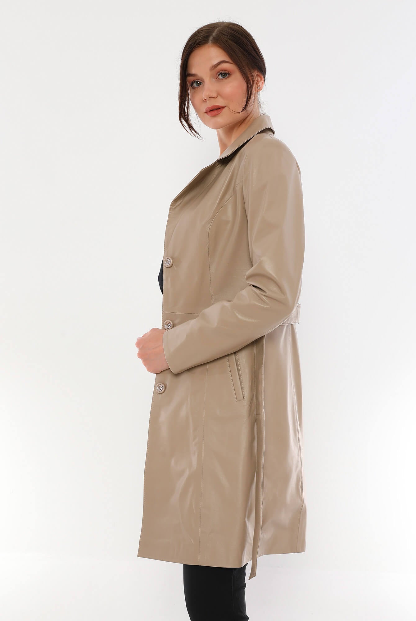 PRINDA Beige Premium Leather Trench Coat For Women