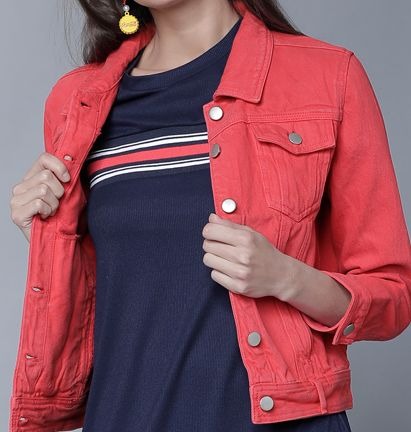 Women Red Solid Denim Jacket by PARINDA – Lightweight Cotton Outerwear for Pakistani Style