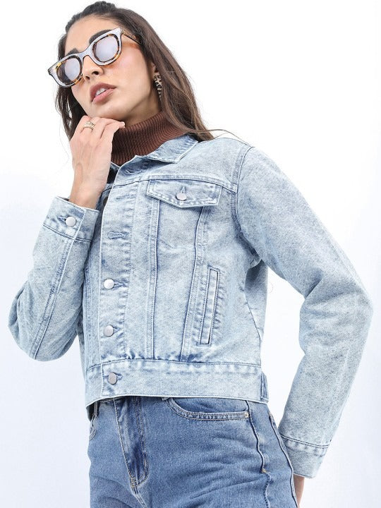 Washed Spread Collar Crop Denim Jacket – Vintage Wash Breathable Crop Trucker for Pakistan | PARINDA