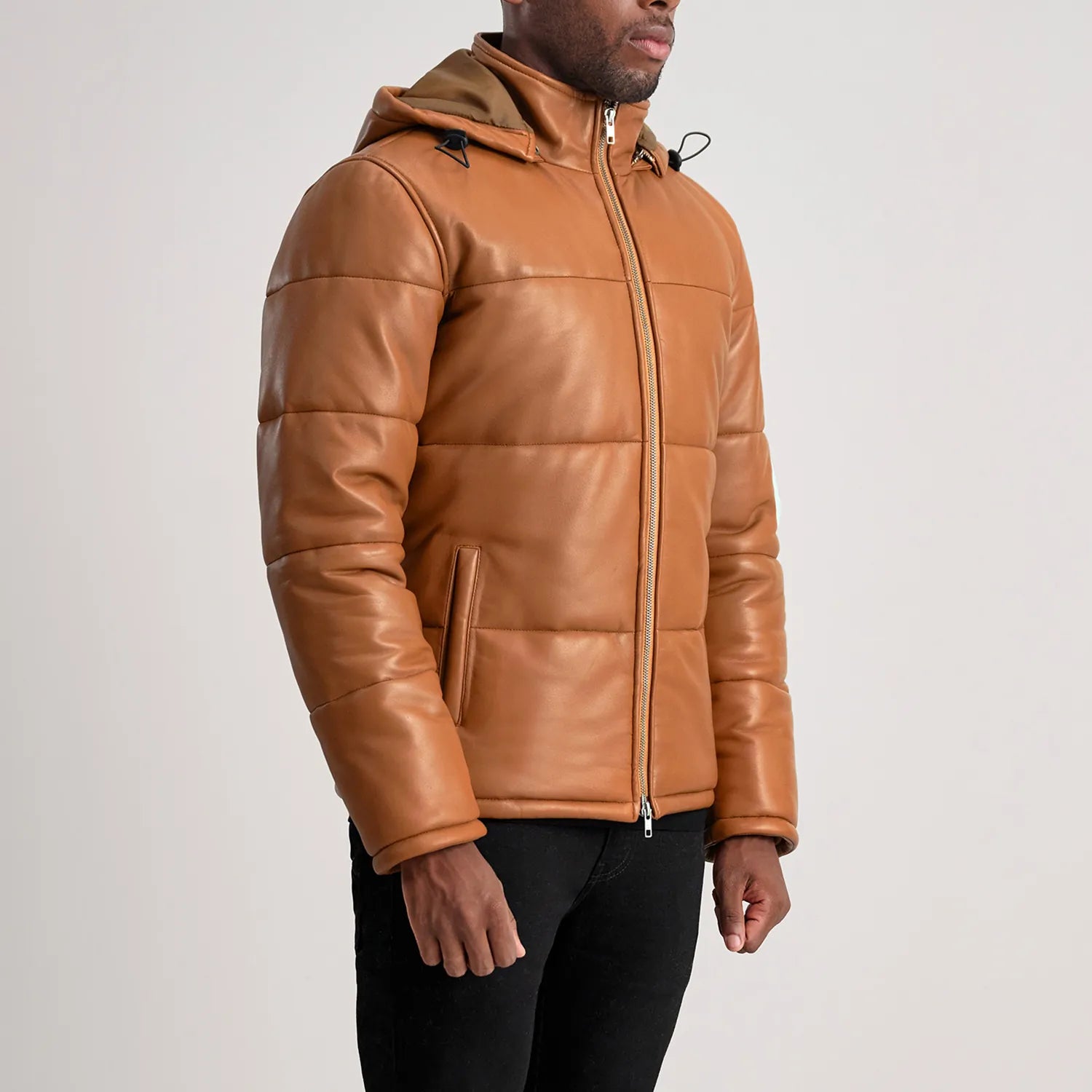 PRINDA Tan Hooded Sheep Leather Puffer Jacket