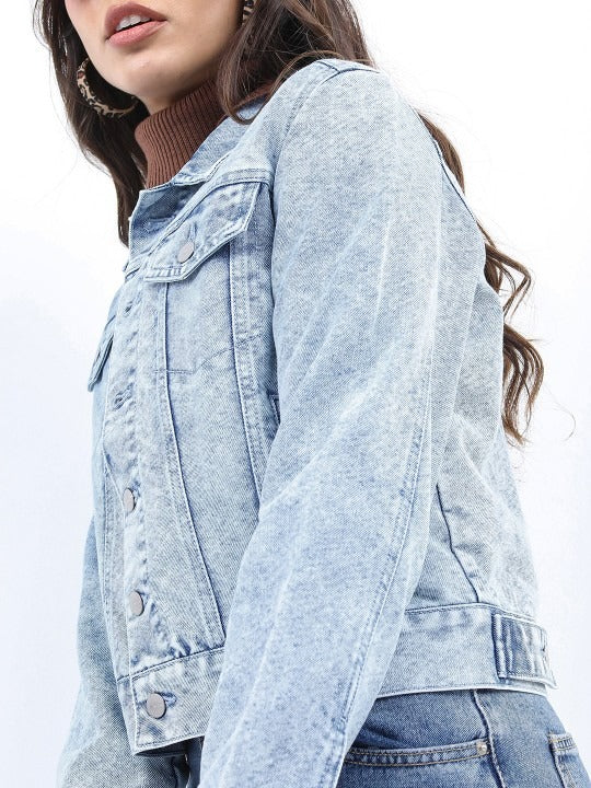 Washed Spread Collar Crop Denim Jacket – Vintage Wash Breathable Crop Trucker for Pakistan | PARINDA