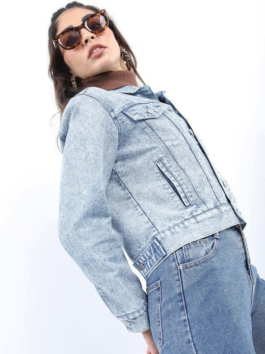 Washed Spread Collar Crop Denim Jacket – Vintage Wash Breathable Crop Trucker for Pakistan | PARINDA