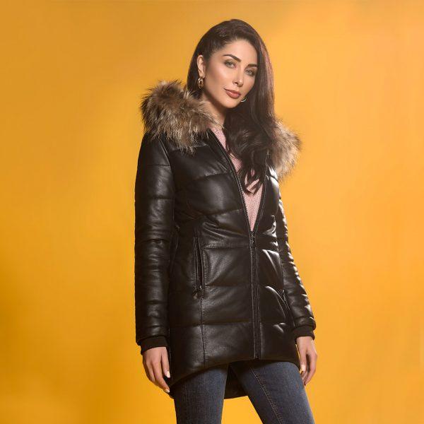 Puffer Hooded Women Leather Jacket