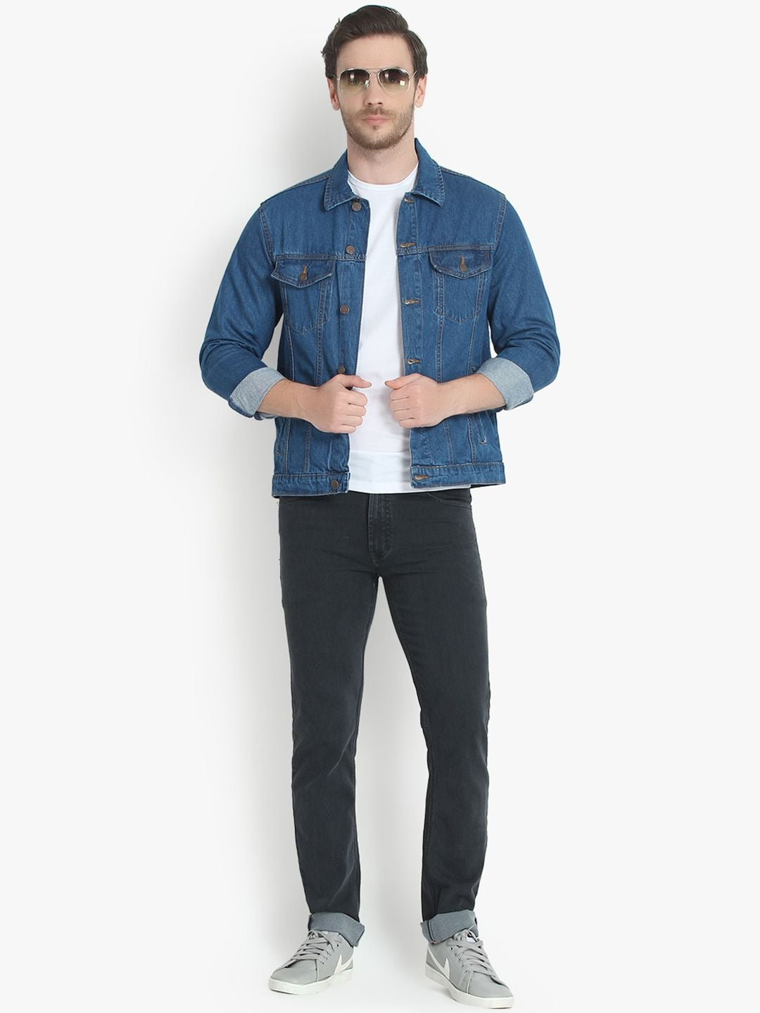 Men Blue Solid Denim Jacket – Breathable All-Season Streetwear for Pakistan | PARINDA