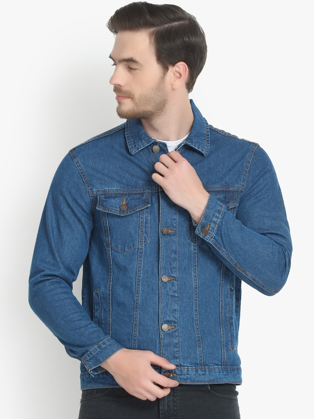 Men Blue Solid Denim Jacket – Breathable All-Season Streetwear for Pakistan | PARINDA