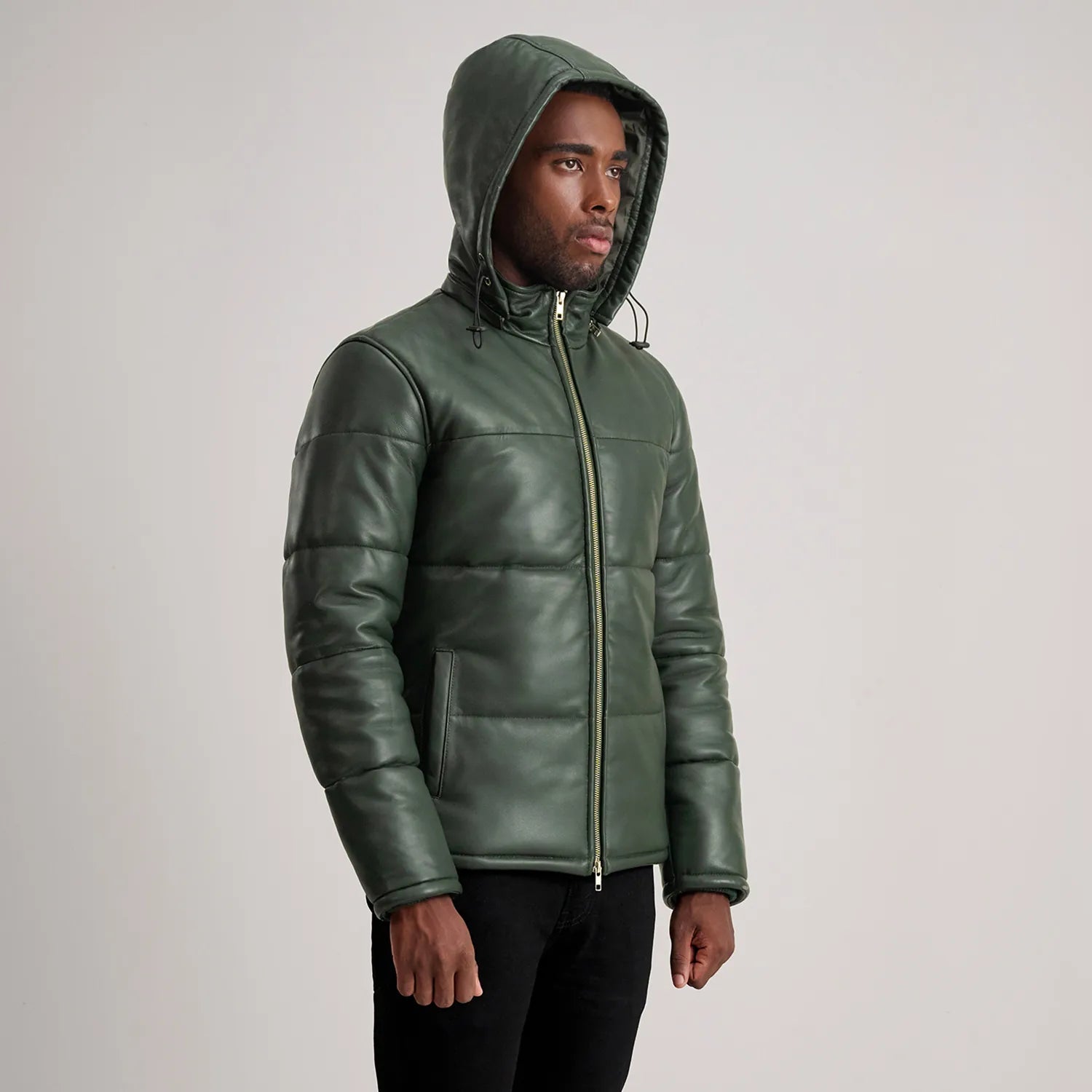 PRINDA Green Hooded Leather Puffer Jacket