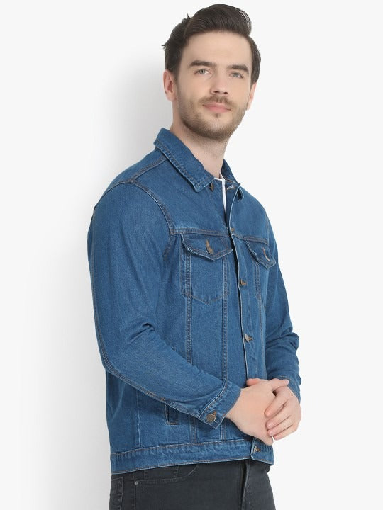 Men Blue Solid Denim Jacket – Breathable All-Season Streetwear for Pakistan | PARINDA