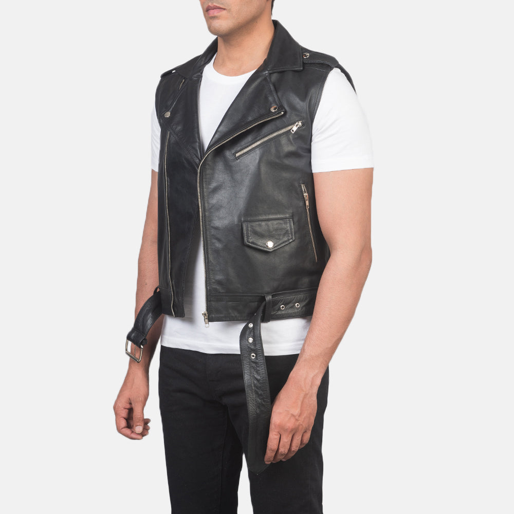 PRINDA Black Genuine Leather Biker Vest
