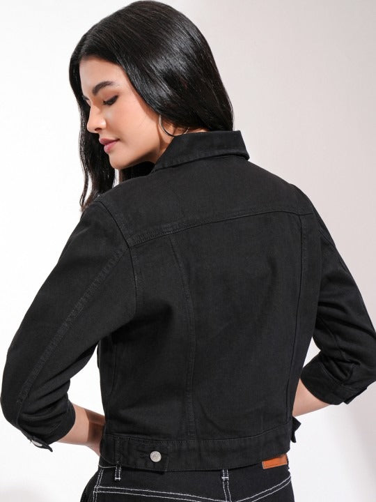 Women Black Solid Denim Jacket for Pakistani Winters & Everyday Style | PARINDA