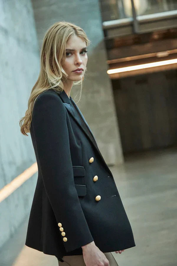 PRINDA Double-Breasted Blazer with Satin Lapel