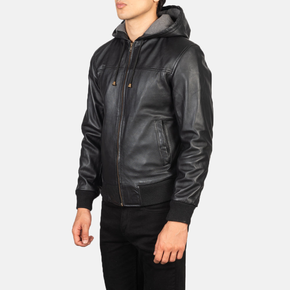 PRINDA Black Hooded Leather Bomber Jacket