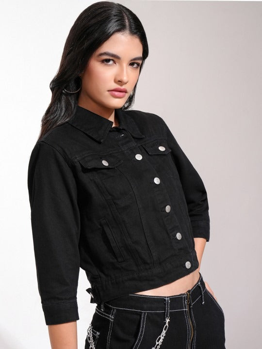 Women Black Solid Denim Jacket for Pakistani Winters & Everyday Style | PARINDA