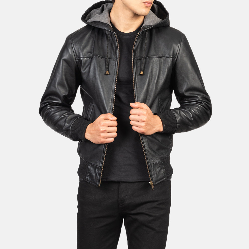 PRINDA Black Hooded Leather Bomber Jacket