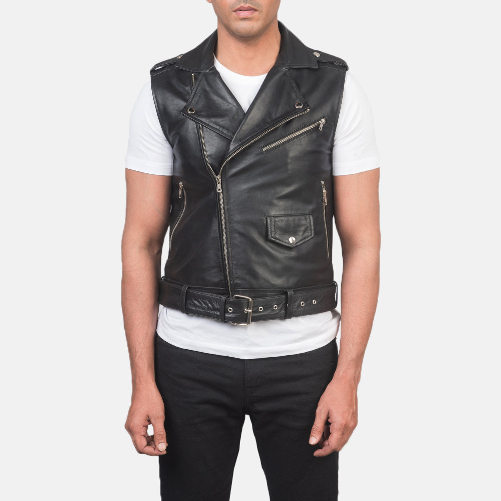 PRINDA Black Genuine Leather Biker Vest