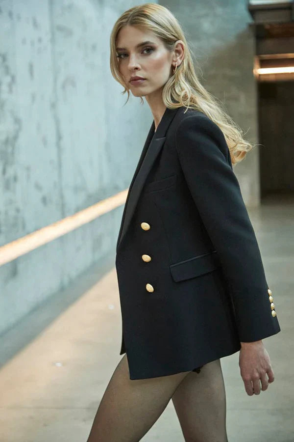 PRINDA Double-Breasted Blazer with Satin Lapel