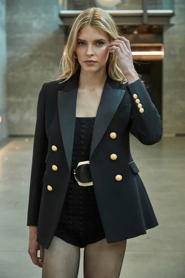 PRINDA Double-Breasted Blazer with Satin Lapel