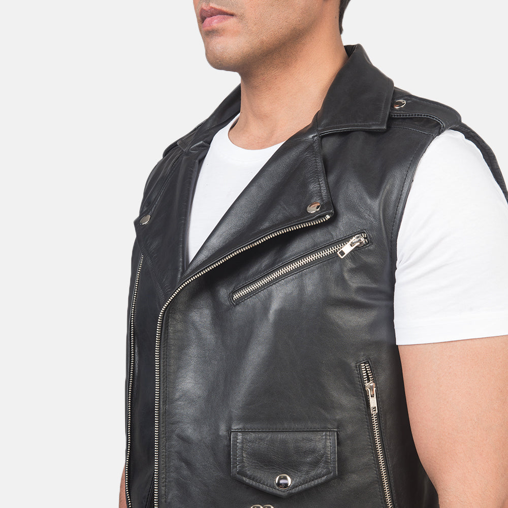 PRINDA Black Genuine Leather Biker Vest