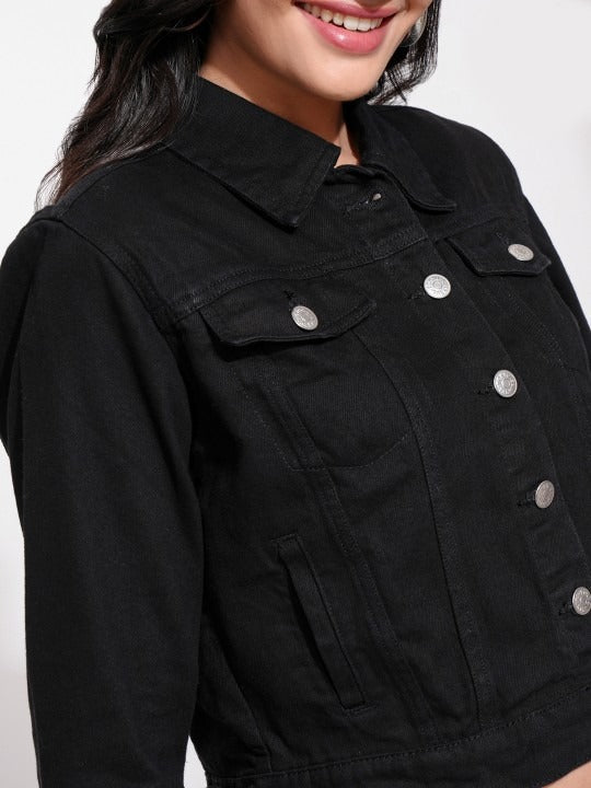 Women Black Solid Denim Jacket for Pakistani Winters & Everyday Style | PARINDA