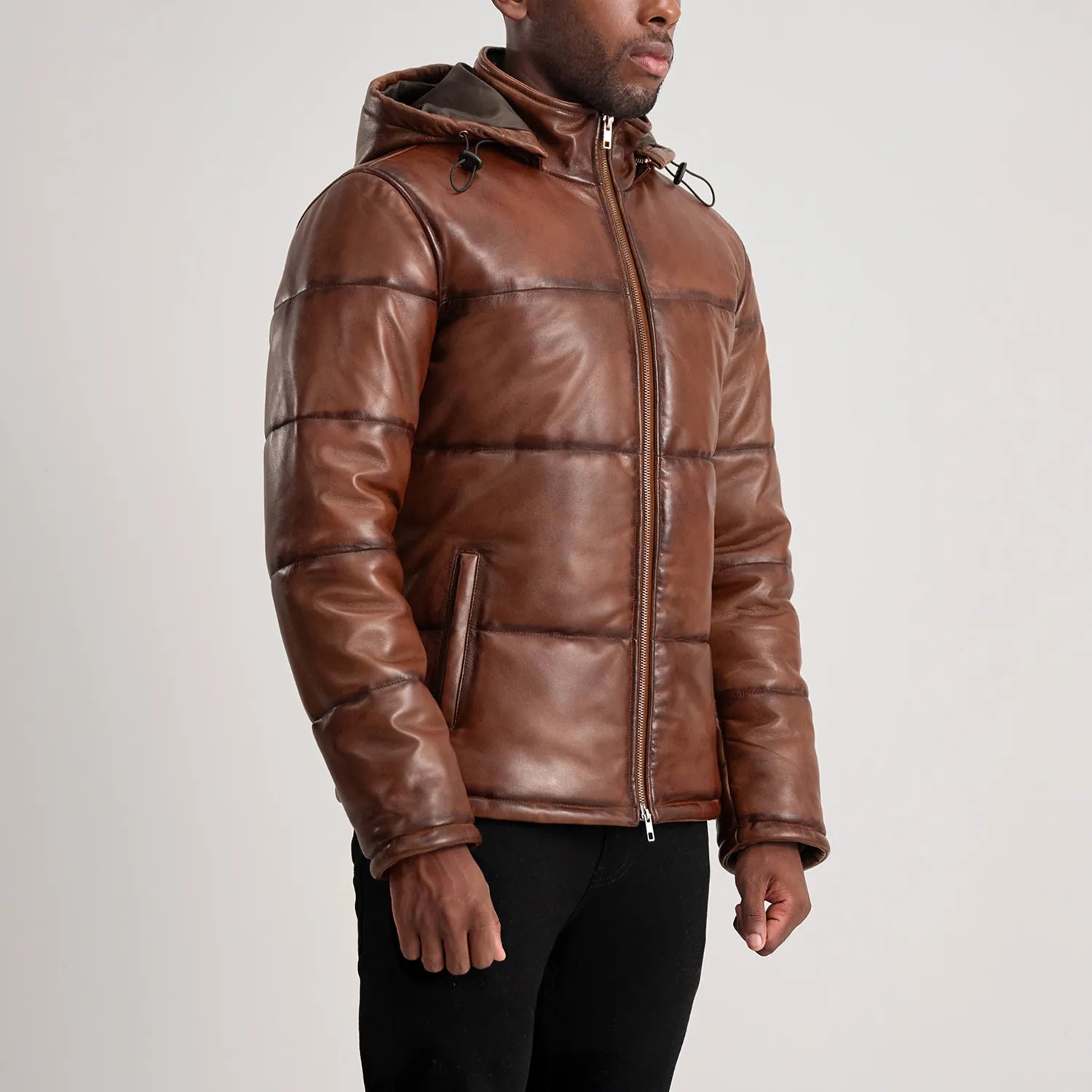 PRINDA Waxed Brown Hooded Leather Puffer Jacket