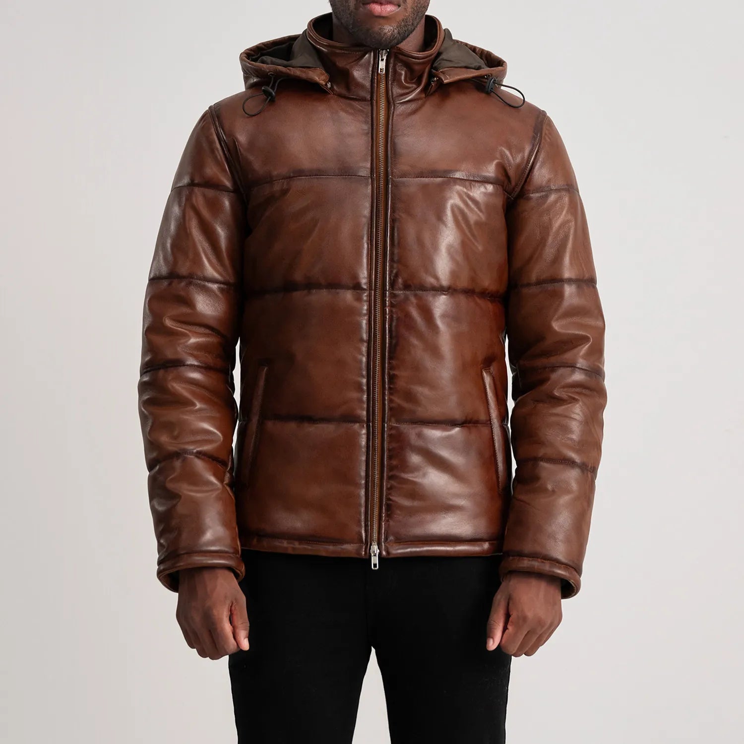 PRINDA Waxed Brown Hooded Leather Puffer Jacket